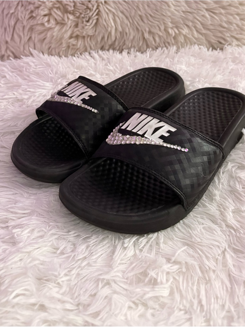Nike Women's Black Slide Sandals with Rhinestone Swoosh - Picture 2 of 3